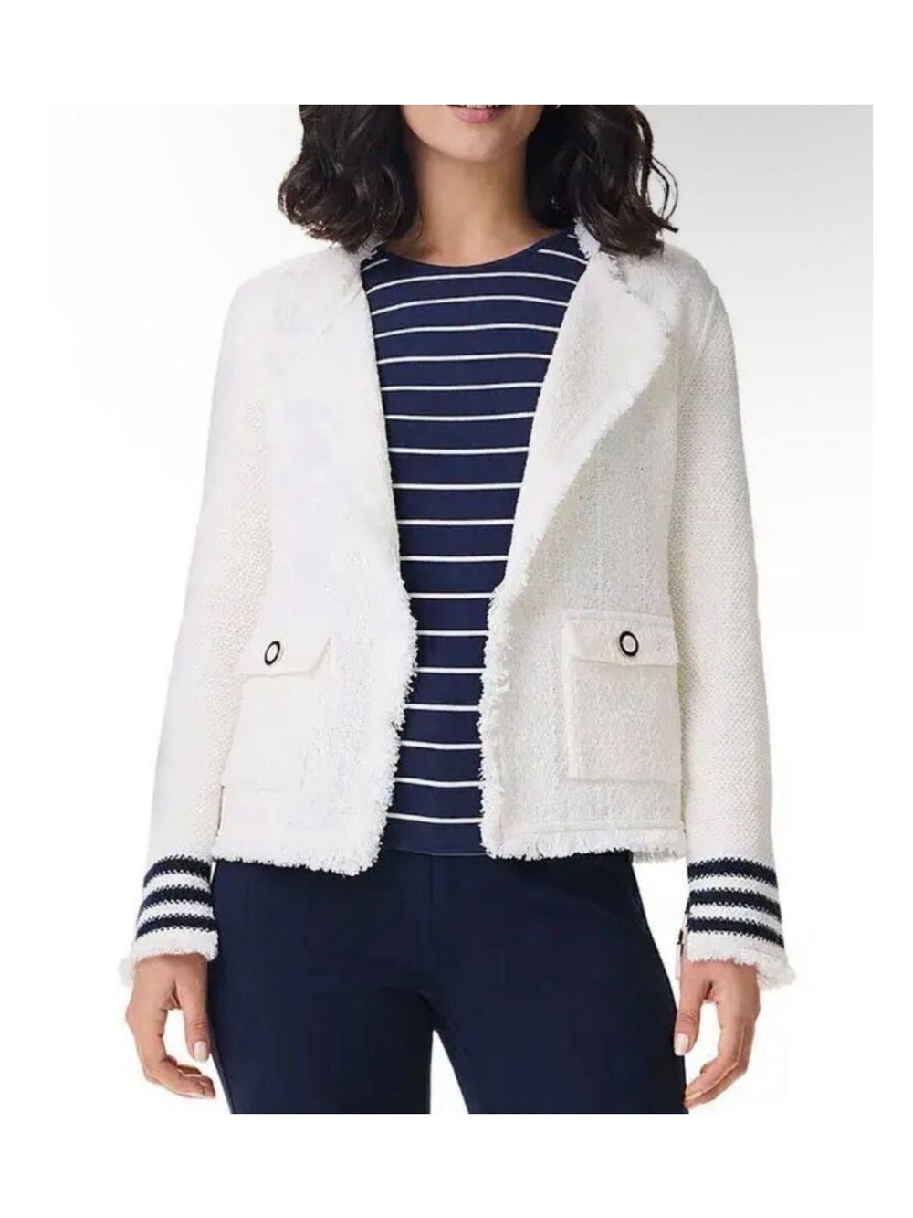 Nic+Zoe Womens Subtle Stripe Fringe Mix Knit Jacket nautical